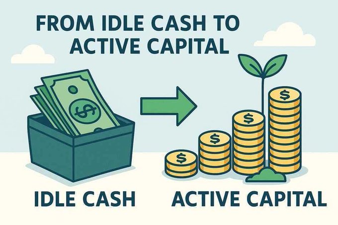 The image illustrates the concept of "From Idle Cash to Active Capital," showing a box of unused dollar bills transforming into growing stacks of gold coins with a sprouting plant, visually representing how Hyperliquid is converting unused USDC in its HLP vault into yield-generating capital through native lending on HyperCore.