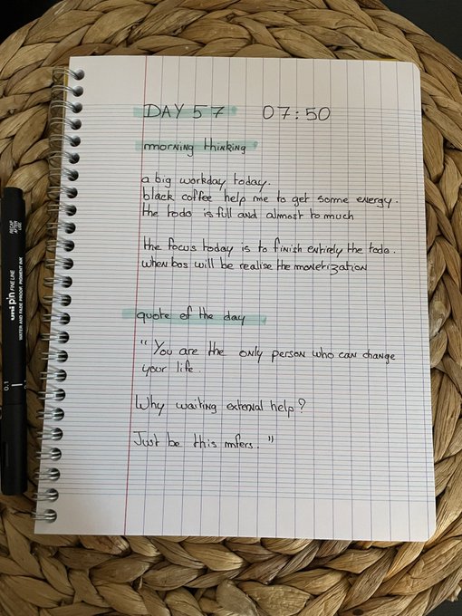 A handwritten journal entry titled 'morning thinking' dated DAY 57 at 07:50 discusses a katsu don breakfast, motivation, and quotes 'You are the only person who can change your life.'