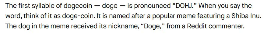 Text explaining that the first syllable of dogecoin — doge — is pronounced "DOHJ," named after the Shiba Inu meme dog whose nickname came from a Reddit commenter.