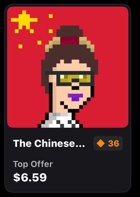 A pixel art NFT listing titled "The Chinese..." priced at a top offer of $6.59, featuring a pixelated character wearing sunglasses and purple lipstick against a red background with star patterns.