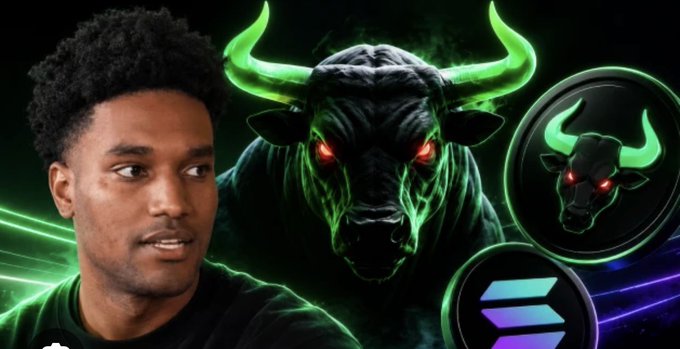 A man stands in front of a green and black graphic featuring a fierce bull with glowing red eyes and neon green horns, alongside a Solana (SOL) logo.