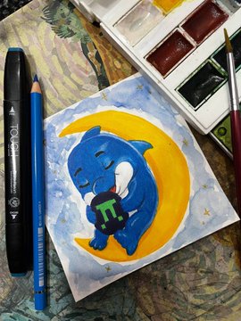 A small watercolor painting of a blue cartoon character sleeping on a yellow crescent moon, shown with paints and pencils.