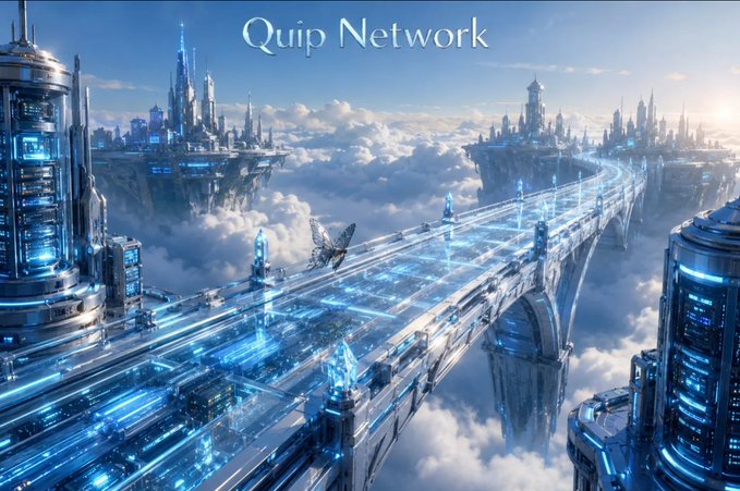 Fantasy digital artwork of futuristic floating cities connected by an illuminated bridge above the clouds, titled 'Quip Network' in the sky.