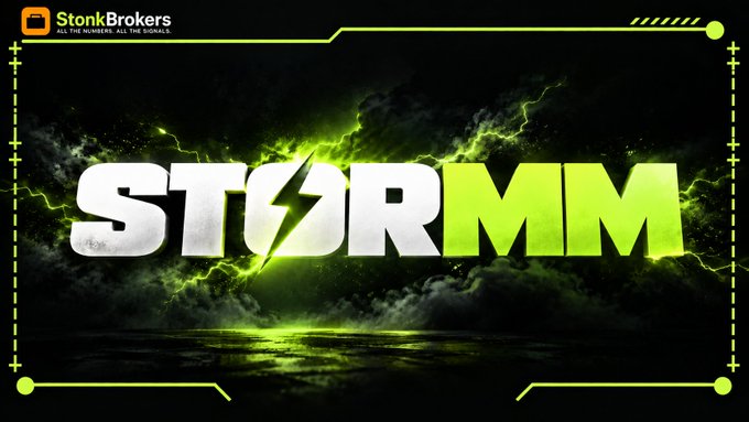 A promotional graphic with the text 'STORMM' in large white and green letters over a stormy, lightning-filled green background, featuring a 'StonkBrokers' logo in the top left corner.