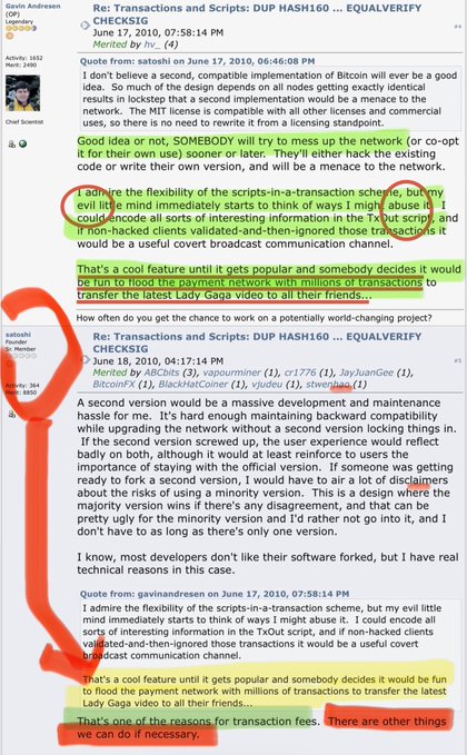 A screenshot of a Reddit post by 'satoshi' containing text with highlighted passages circled in red, referencing the flexibility of the 'scripts-in-a-transaction' scheme and a 'Lady Gaga video'.