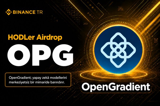 The image is a promotional graphic for Binance TR's HODLer Airdrop featuring OpenGradient (OPG), displaying the Binance TR logo, the "HODLer Airdrop OPG" headline, and a Turkish tagline describing OpenGradient as a platform that stores AI models in a decentralized architecture. The bold "OPG" ticker and the OpenGradient logo with its blue circular emblem visually reinforce the airdrop announcement detailed in the accompanying post.
