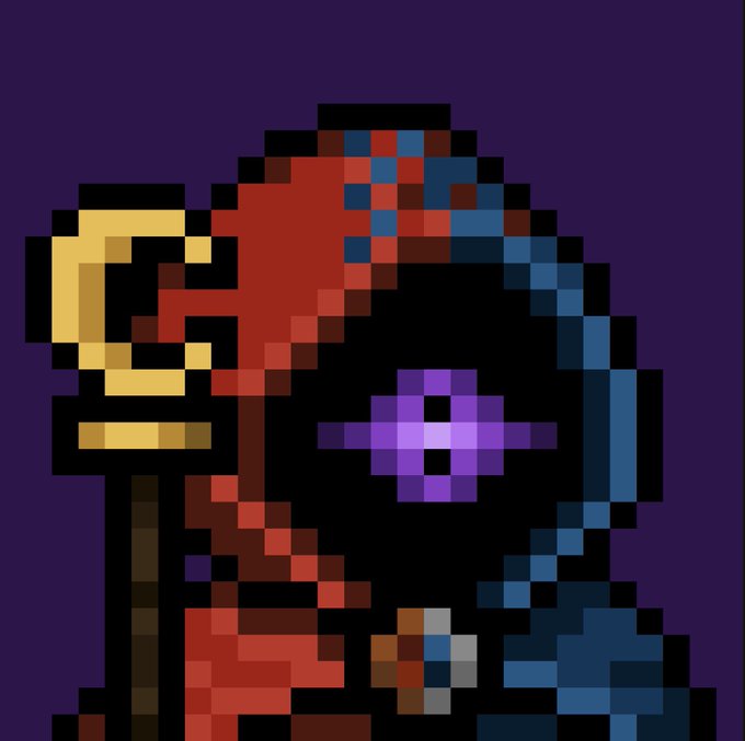Pixel art showing a hooded figure with a red and blue patterned hood and a purple cross-shaped visor over their face, holding a staff with a golden crescent moon top against a dark purple background.