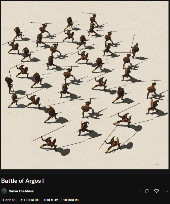 A digital art piece titled 'Battle of Argos I' by Serve The Muse, depicting stylized warriors with shields and spears arranged in a grid pattern.