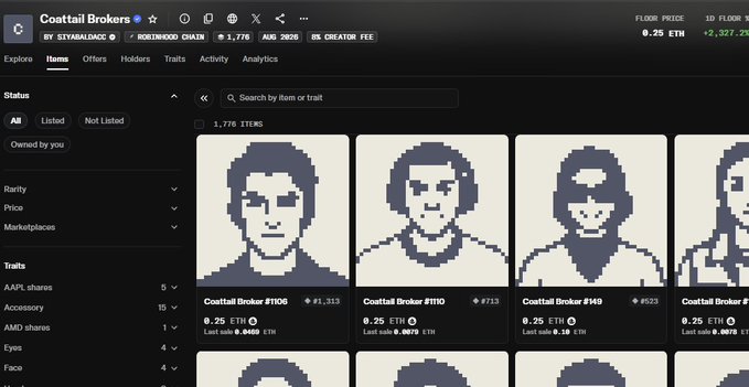 An NFT marketplace page displays pixelated 'Coattail Brokers' items from the SIVBALDACIO collection on the Robinhood Chain, priced at 0.25 ETH.