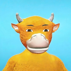 A 3D-rendered cartoonish orange cow-like character with small horns and a wide grin is shown against a blue background, representing the "Niulai" NFT project being minted on Robinhood. The whimsical, low-poly aesthetic of the character reflects the post's description of it originating from a "hilariously janky Chinese animation."