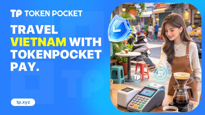 A promotional banner for Token Pocket (TP) cryptocurrency payment service, featuring the text "TRAVEL VIETNAM WITH TOKENPOCKET PAY" and "tp.xyz" alongside an image of a woman at a Vietnamese street cafe with a payment terminal.