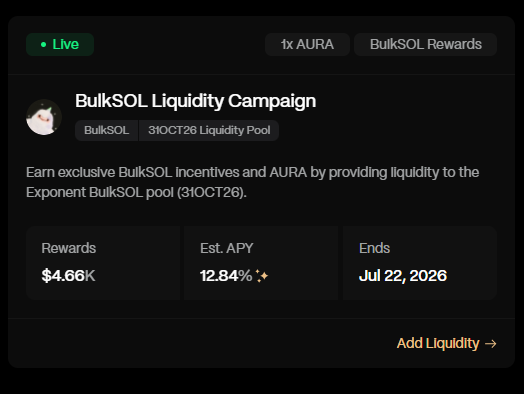 A dark-themed interface for a 'BulkSOL Liquidity Campaign' showing '31OCT26 Liquidity Pool' with rewards of '$4.66K', an estimated APY of '12.84%', and an end date of 'Jul 22, 2026'.