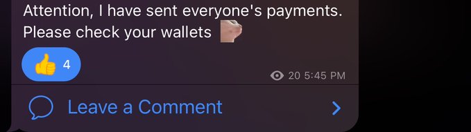 A Telegram chat message reads "Attention, I have sent everyone's payments. Please check your wallets 🤛" with 4 thumbs-up reactions and 20 views at 5:45 PM, reflecting the post's theme of receiving payment in web3.