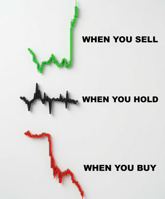 A meme showing three stock chart lines with the labels 'WHEN YOU SELL' (green line going down then up), 'WHEN YOU HOLD' (black line fluctuating), and 'WHEN YOU BUY' (red line dropping sharply).