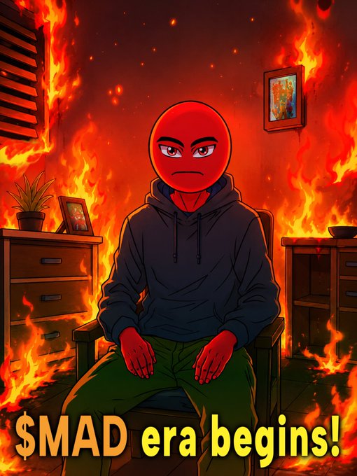 The image features a cartoon character sitting in an office chair, with flames coming out of the wall behind him. The caption reads "$MAD era begins!".