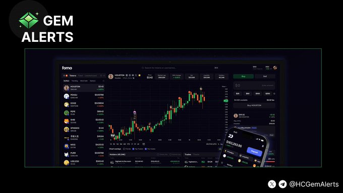 The image shows a promotional graphic for "GEM ALERTS" (@HCGemAlerts) featuring the Fomo trading platform, with a screenshot of its interface displaying various crypto token tickers (including HOLOTOKEN, PONKE, PUPPI, SHIB, CITYBOY, BOBO, OBOL, USUAL, and COAI) alongside their prices and percentage changes, plus a mobile view showing a $83,293.88 portfolio balance. The graphic highlights Fomo's $94M funding round mentioned in the post, emphasizing the platform's on-chain trading and wallet capabilities.