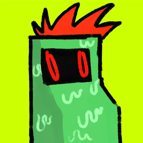 Digital painting of a green, textured block-like creature with glowing red eyes and spiky red hair, set against a vibrant yellow-green background.