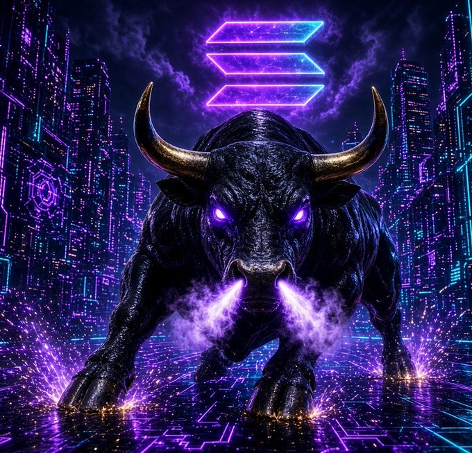 A digital artwork of a black bull with glowing purple eyes and golden horns, charging forward and breathing purple smoke, set against a neon-lit cyberpunk cityscape with a purple and blue Solana logo above it.