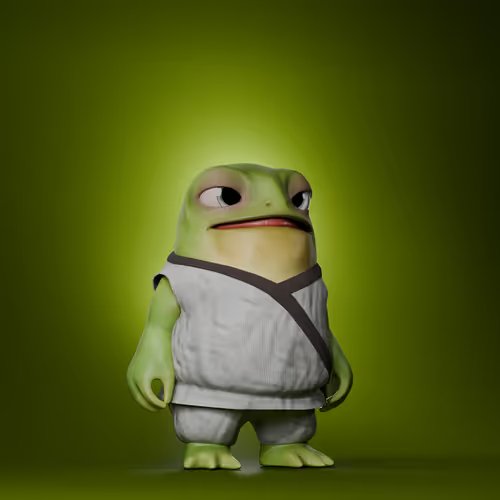 A 3D-rendered anthropomorphic green frog character stands against a green gradient background, wearing a white martial arts-style gi with a black belt, looking grumpy with half-lidded eyes.