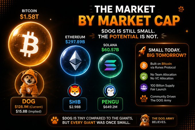 An infographic titled 'THE MARKET BY MARKET CAP' compares Bitcoin ($1.58T), Ethereum ($297.89B), and Solana ($60.57B) with smaller memecoins, highlighting $DOG ($128.1M) with the slogan '$DOG IS TINY COMPARED TO THE GIANTS, BUT EVERY GIANT WAS ONCE SMALL.'