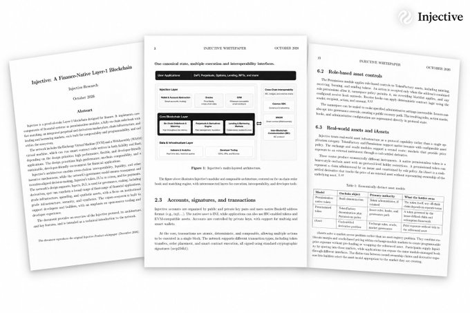 Sample pages from a research paper titled "Injective: A Flavour-Native Layer-1 Blockchain Injection Research, October 2026" displayed at an angle on a background.