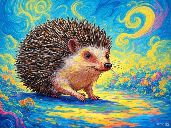 A hedgehog rendered in vibrant, Van Gogh-esque swirling colors stands in a psychedelic landscape, with "Grok" signed in the bottom corner. The art's spiky hedgehog subject ties directly to the "Hedgycoin" ($S) meme coin being promoted, with the prickly little creature embodying the project's mascot.