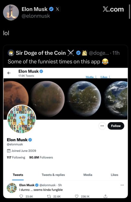 The image shows a screenshot of Elon Musk's X profile featuring his Bored Ape #5809 profile picture, displayed against a Martian landscape banner. Musk's tweet reads "I dunno ... seems kinda fungible," with the Bored Ape prominently centered as his avatar at 90.8M followers. The image relates to the accompanying post by highlighting the symbolic significance of the NFT's number (5-8-0-9) and its release date of May 4th, 2022.