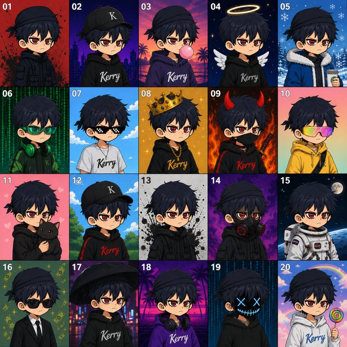 A 4x5 grid of 20 numbered anime-style chibi character avatars named 'Kerry,' each with different outfits and themes including angel, devil, hacker, astronaut, and various seasonal or urban backgrounds.