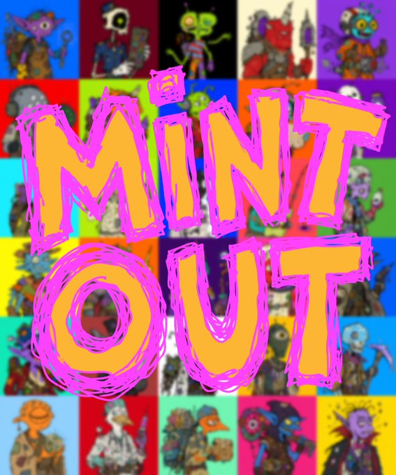 A vibrant graphic featuring the text 'MINT OUT' in large pink and yellow brushstroke letters overlaid on a grid of colorful cartoon character illustrations.