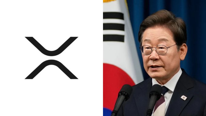 The image features the XRP cryptocurrency logo alongside South Korean President Lee Jae-myung speaking at a podium with the South Korean flag in the background, visually linking the country's leadership to the digital asset's newly elevated national priority status.