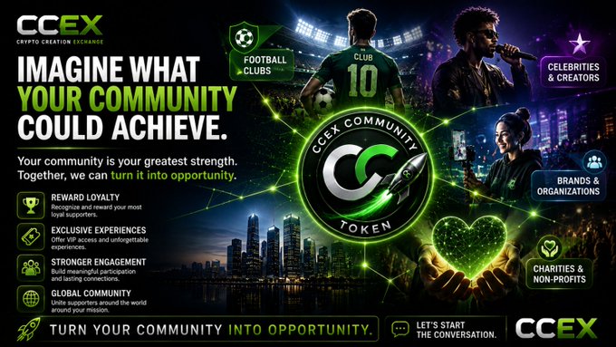 A promotional banner for CCEX (Crypto Creation Exchange) featuring a 'Community Token' and the tagline 'Imagine what your community could achieve,' highlighting football clubs, celebrities, brands, and charities.