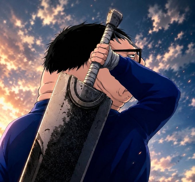 A weary anime character rests a massive, battle-worn sword against his shoulder under a dramatic sunset sky, mirroring the post's depiction of a crypto researcher grinding through dense whitepapers and trading strategies like a warrior equipped for an epic battle.