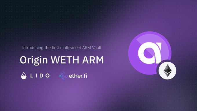 Promotional graphic introducing "Origin WETH ARM" as "the first multi-asset ARM Vault," featuring the Origin logo alongside the Lido and ether.fi branding on a purple gradient background, visually representing the new WETH Automated Redemption Mechanism that enables a single WETH position to participate in cross-asset arbitrage with boosted incentives.
