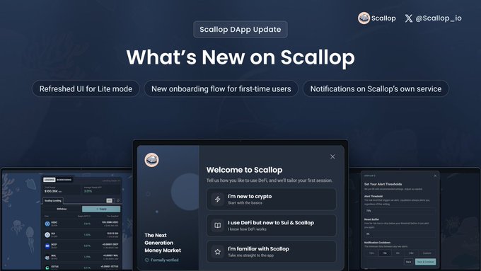 A promotional graphic titled 'Scallop DApp Update: What's New on Scallop' featuring screenshots of the app interface highlighting a refreshed UI, new onboarding flow, and notifications.