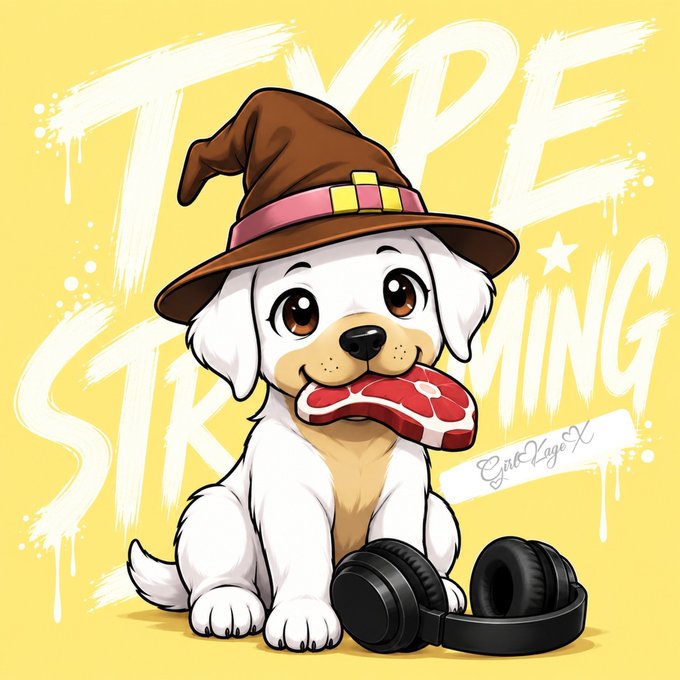 An illustrated white puppy wearing a brown witch hat sits with a steak in its mouth next to black headphones, set against a yellow background with white graffiti text reading 'TYPE STREAMING'.