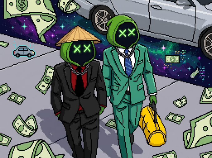 A pixel-art illustration of two figures in suits with green X-X eyes, one wearing a conical hat, standing amid floating money in a surreal, cosmic landscape.