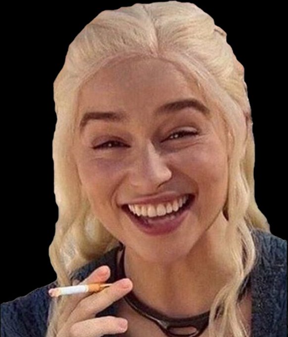 A blonde woman with braided hair smiles broadly while holding a cigarette, set against a black background in a meme-style image.