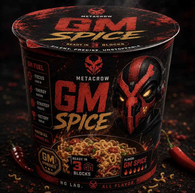 A cup of "METACROW GM SPICE" instant noodles, branded as "GM Fuel" with benefits like Focus, Energy, Strategy, and Victory, ready in 3 blocks, sits among scattered chili peppers—fittingly tying into the post's "GM" (good morning) sentiment with a spicy, gamer-themed breakfast for NFT traders on a Sunday.