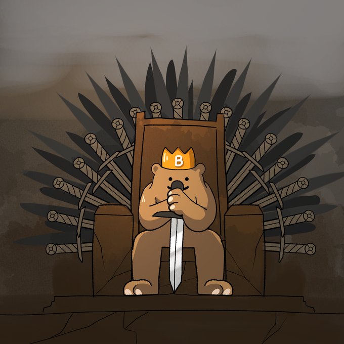 An illustration of a cartoon bear wearing a yellow 'B' crown sitting on a throne made of swords, reminiscent of Game of Thrones imagery.