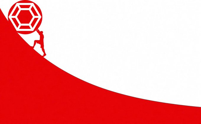 A minimalist graphic design featuring a red wave shape at the bottom and a red hexagonal gem symbol with a human silhouette climbing toward it in the top left corner against a light gray background.