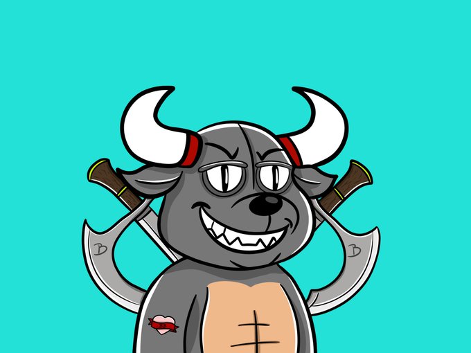 A grinning gray cartoon bull with white horns stands in front of two crossed axes against a turquoise background.