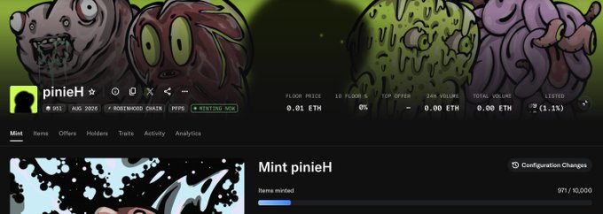 A minting page for the NFT collection "pinieH" on the Rodewood Chain shows the item "Mint pinieH" minted at quantity 911/10,000 for a floor price of 0.01 ETH, aligning with the post's note that it was "Minted for free."