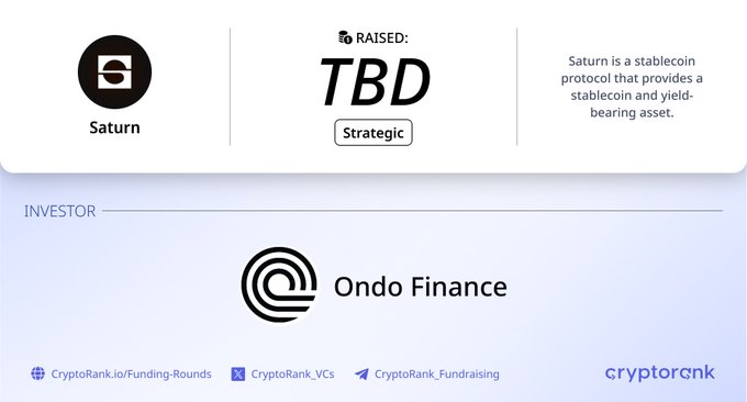 A CryptoRank funding announcement graphic for Saturn, displaying a "TBD" Strategic raise amount and noting the project is a stablecoin protocol offering stablecoin and yield-bearing assets, with Ondo Finance listed as the investor.