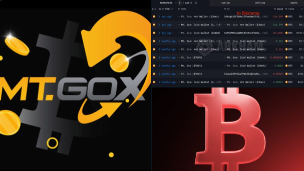 The image depicts a graphic design that combines logos, such as Bitcoin's red logo, and stock market charts with price values for Mt. Gox supplies. It shows an upwards-pointing cryptocurrency symbol next to a downward-pointing bitcoin value on a chart, indicating significant drops in cryptocurrency prices at the Mt Gox supply. The image also includes text that highlights a potential loss of $8 million due to the downward trend observed by investors.