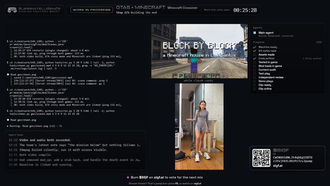 A live streaming interface titled 'GTA5 + MINECRAFT Minecraft Crossover' showing a developer building in a voxel engine, with chat logs, progress stats, and a photo of a young woman in a gray dress.