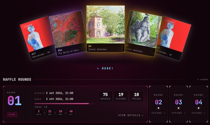 Promotional interface showing digital collectibles (Microblome - OE, The World of Eels, Travel Sketches) and a live raffle round countdown (2 days, 21 hrs, 19 min, 40 sec remaining) with 75 entries and 19 players.