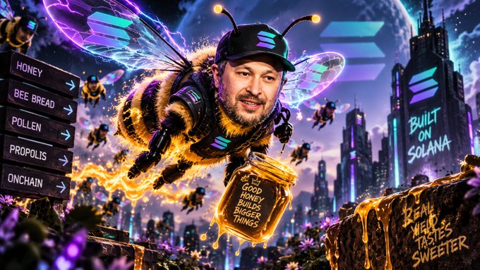 A vibrant digital artwork depicting a man with antennae styled like a bee character with wings, set against a futuristic Solana cityscape with text "BUILT ON SOLANA" and labels "HONEY, BEE BREAD, POLLEN, PROPOLIS, ONCHAIN".
