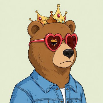 The image features a cartoon bear wearing sunglasses, a blue denim jacket with a white collar, and a crown on its head. The bear appears to be posing for a picture or drawing. The caption of the image reads "Congrats to the winners @Zakkari_0 @timiiVic @web3dotsze @strgolds @DGhost089 @web3guy333 @Veeking_of_web3 @wk100x @Satoshitbtcs". This text is related to a post about a bear wearing sunglasses and a crown, possibly celebrating the victory of a team or individual.