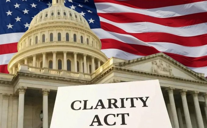 The image features the U.S. Capitol building with an American flag draped across the background, alongside a sign reading "CLARITY ACT," visually tying the stalled crypto legislation to its legislative battleground ahead of the September 15 procedural vote.
