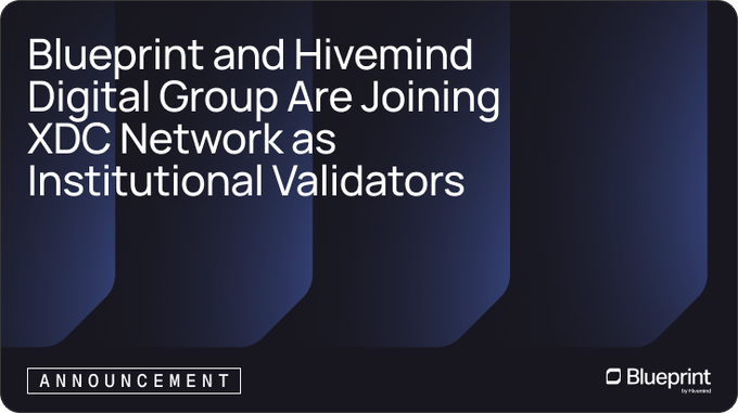 The image features a promotional poster for the XDC network ecosystem. The poster displays three vertical blue lines with white text at the top that reads "Welcome to the XDC Network ecosystem @ BlueprintInfra & Hivemind Digital Group Are joining XDC Network as institutional validators". Below this, there is a list of organizations involved in the XDC network, including BlueprintInfra and Hivemind. The poster also includes an image of a blue square with white text that reads "As institutional validators", which further emphasizes the purpose of these organizations' involvement in the XDC network.